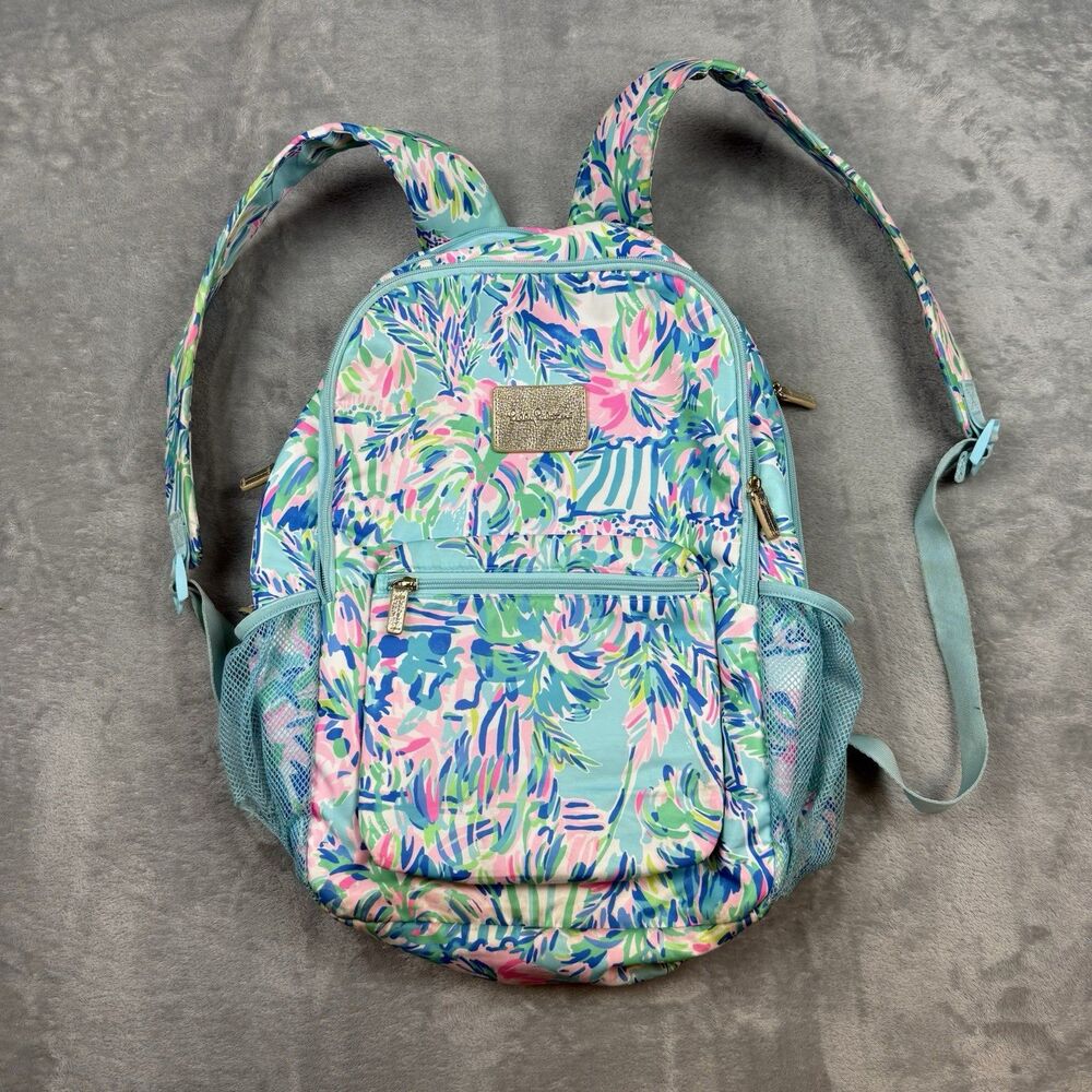 Lilly Pulitzer Tropical Floral Backpack Blue Pink Green Gold Logo
